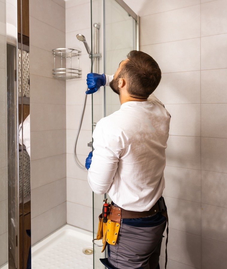 Plumber,Installing,A,Shower,Cabin,In,Bathroom