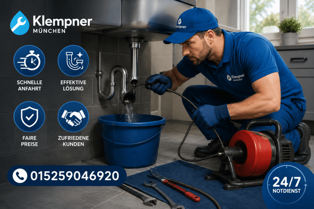 Professioneller Klempner bei der Rohrreinigung unter einer Küchenspüle