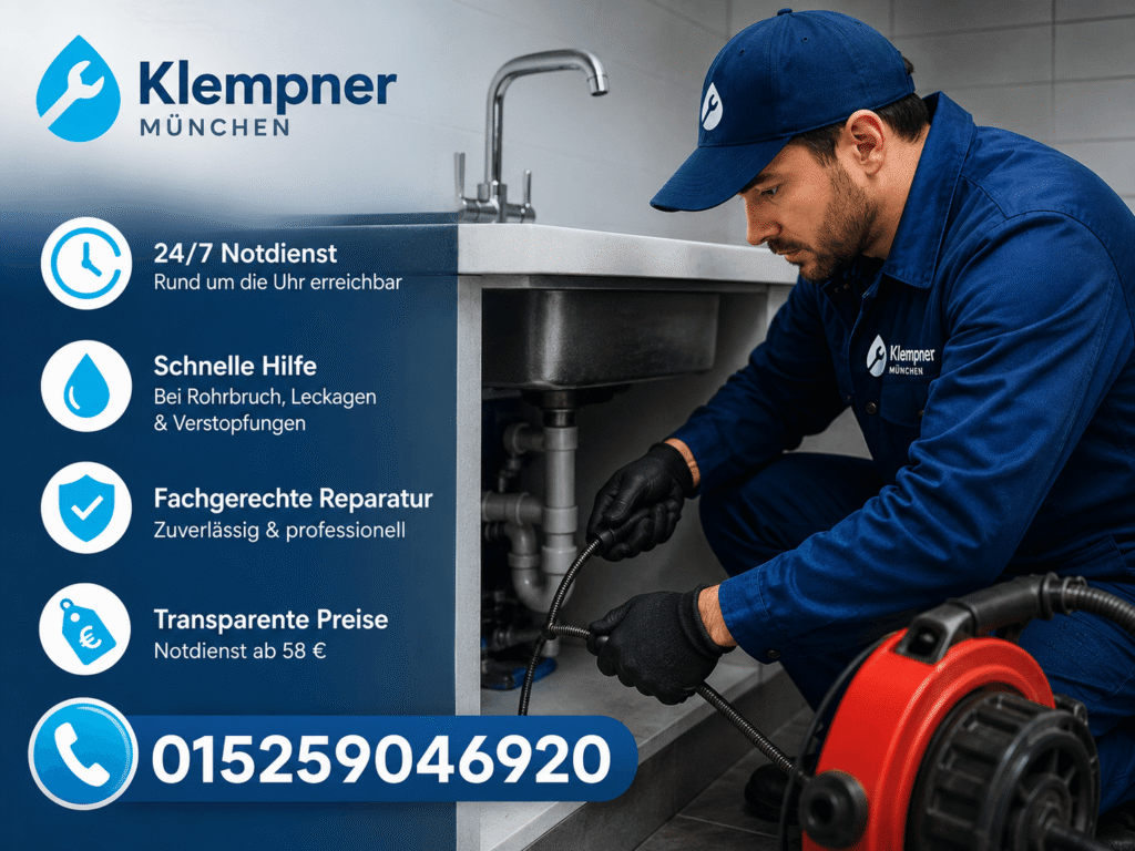 Installateur behebt eine Rohrverstopfung unter einem Waschbecken in München.