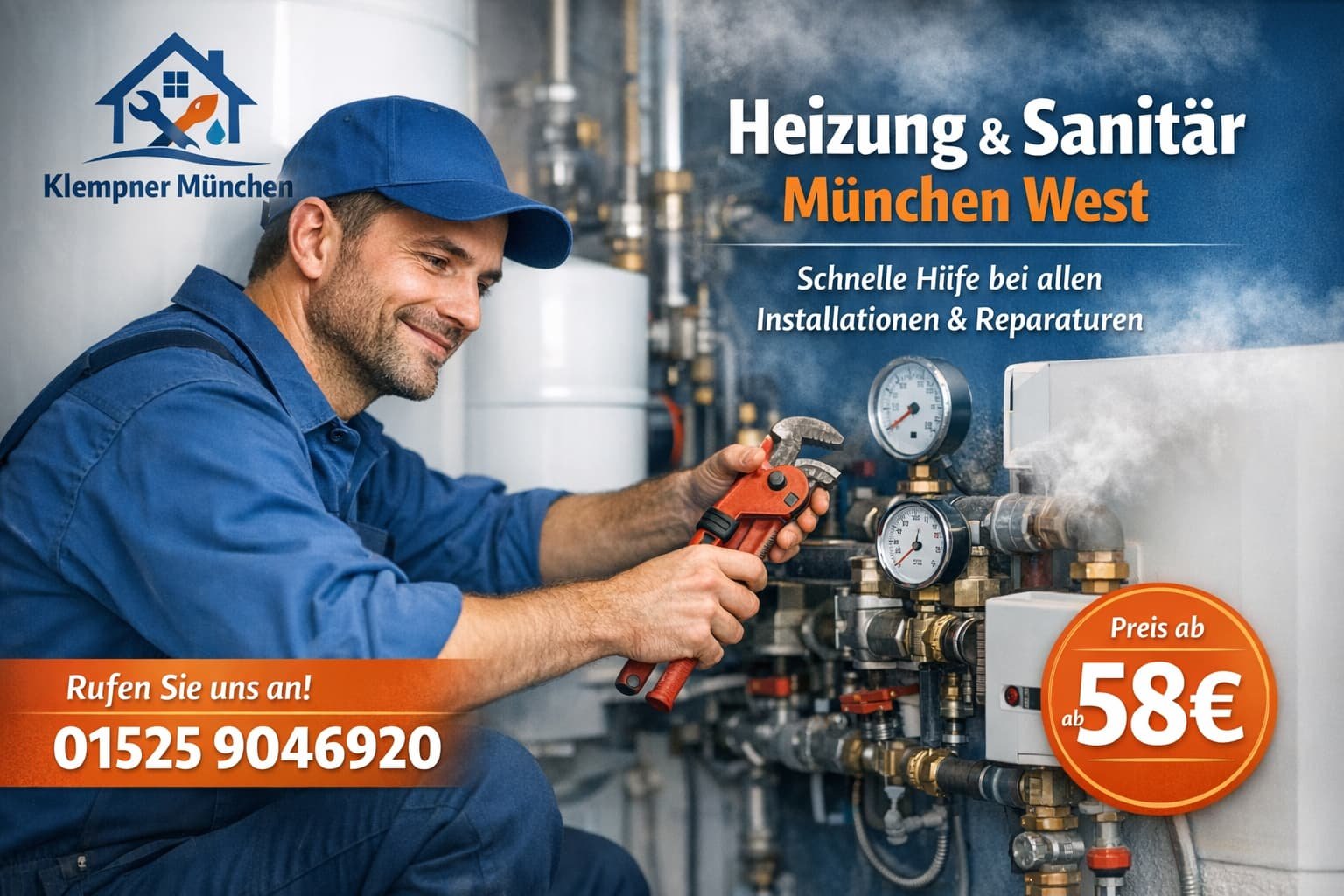 Klempner München Techniker repariert Heizung und Sanitär in München West – Notdienst ab 58€