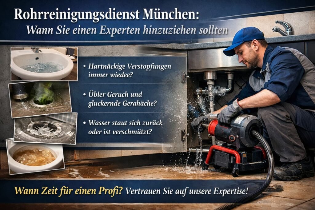 Rohrreinigungsdienst München – Fachmann behebt verstopftes Rohr unter Spüle mit professionellen Werkzeugen