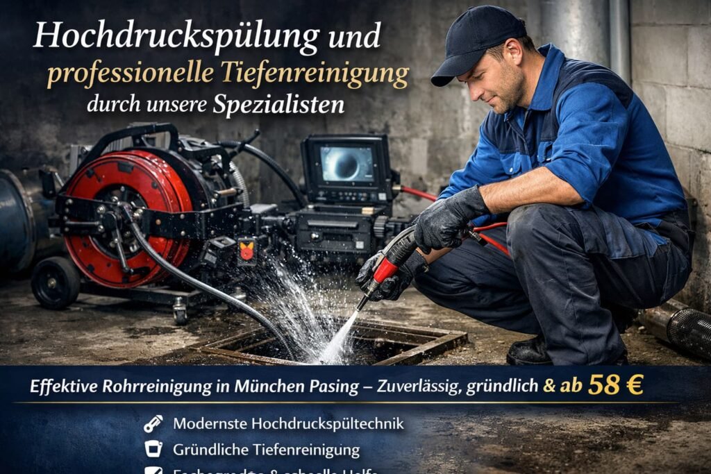 Plumber performing high-pressure drain cleaning in Munich Pasing with professional pipe flushing equipment