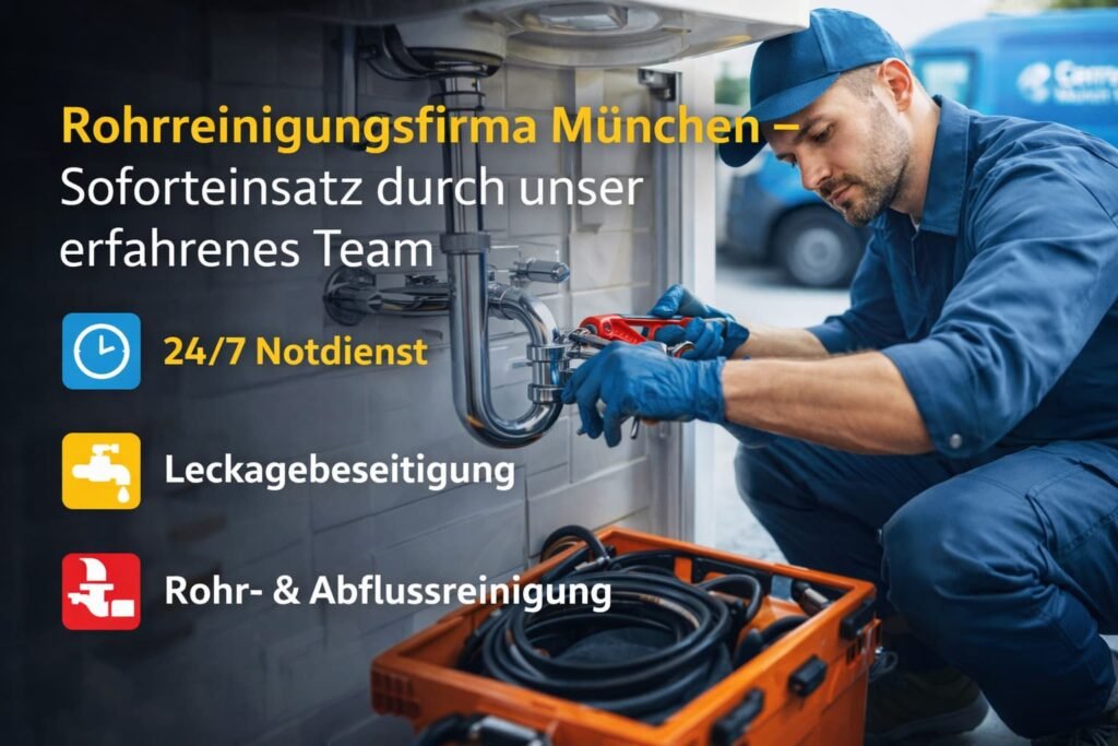 Rohrreinigungsfirma München – Installateur behebt Rohrleck, 24/7 Notdienst und professionelle Abflussreinigung