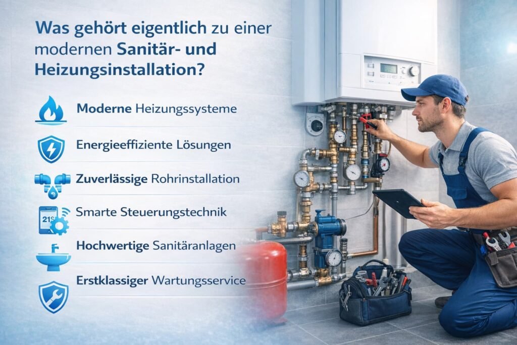 Moderner Sanitär- und Heizungsinstallateur bei der Wartung einer Heizungsanlage mit energieeffizienten Lösungen