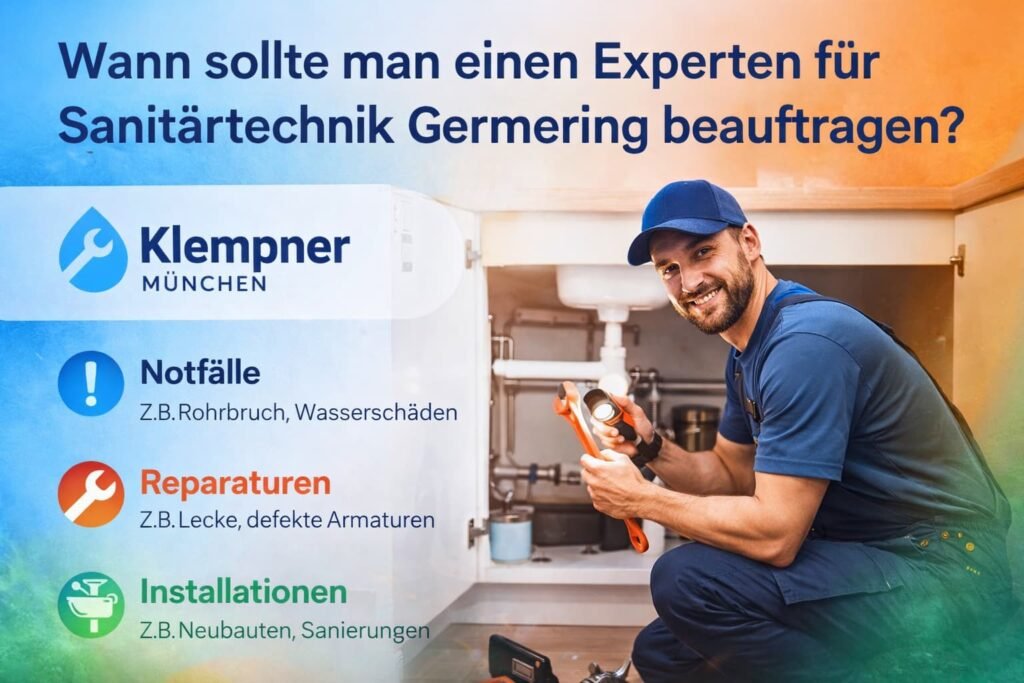 Sanitärtechniker repariert Rohr unter Spüle in Germering mit moderner Ausrüstung und Service-Icons