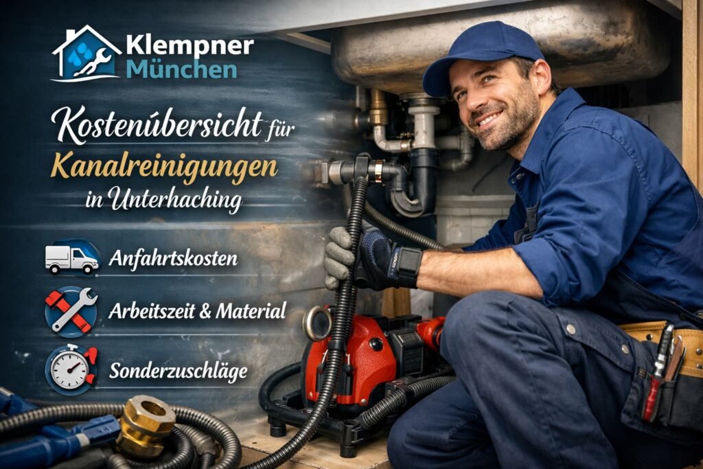 Klempner in München bei der Kanalreinigung in Unterhaching mit Kostenübersicht und Service-Icons