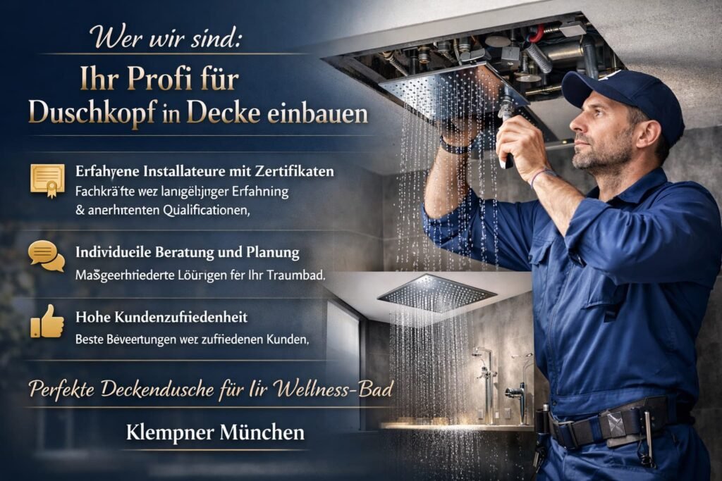 Monteur installiert einen Duschkopf in der Decke – professionelle Deckendusche Installation vom Klempner in München.