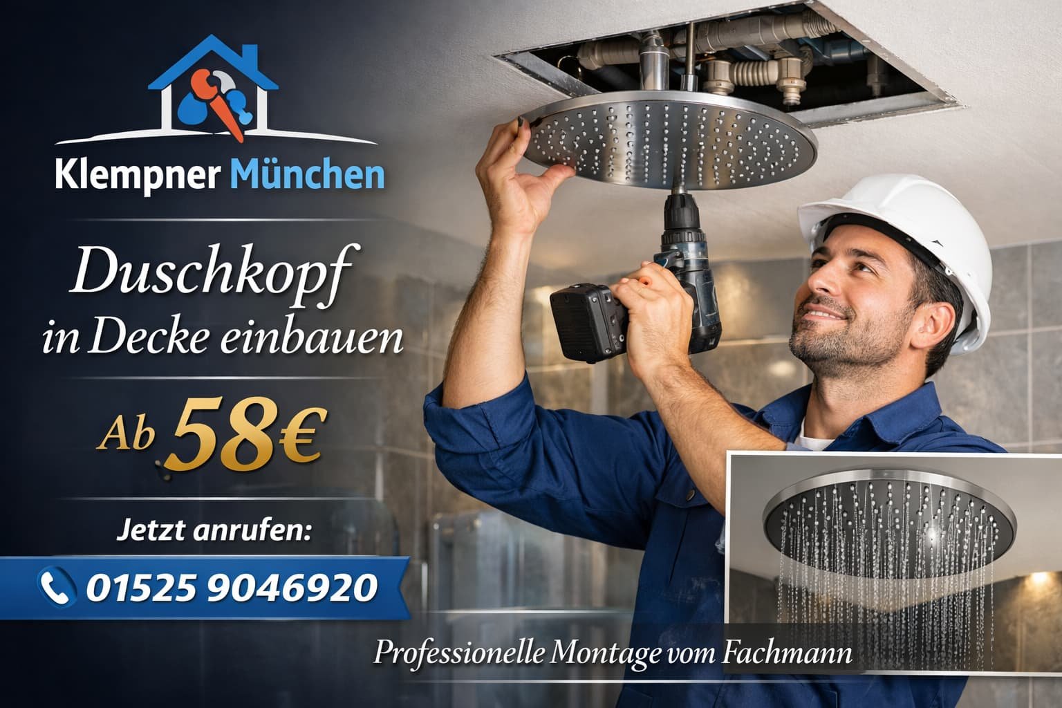 Klempner München installiert Duschkopf in der Decke – professionelle Montage ab 58€