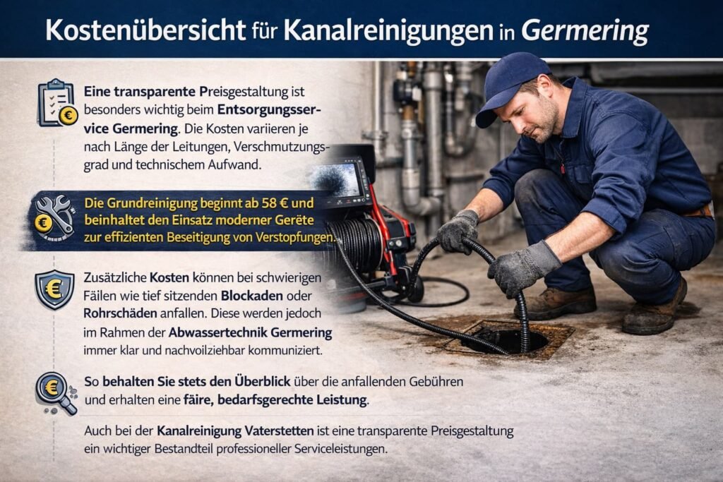 Installateur bei der professionellen Kanalreinigung mit moderner Ausrüstung und transparenter Kostenübersicht in Germering.