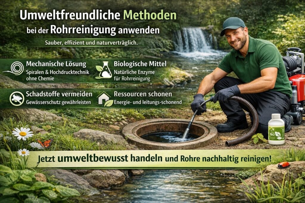 Eco-friendly pipe cleaning service in Germany with professional plumber using sustainable methods and modern equipment