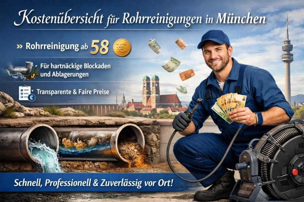 Kostenübersicht für Rohrreinigung in München – professioneller Klempner behebt Rohrverstopfung ab 58€ schnell und zuverlässig