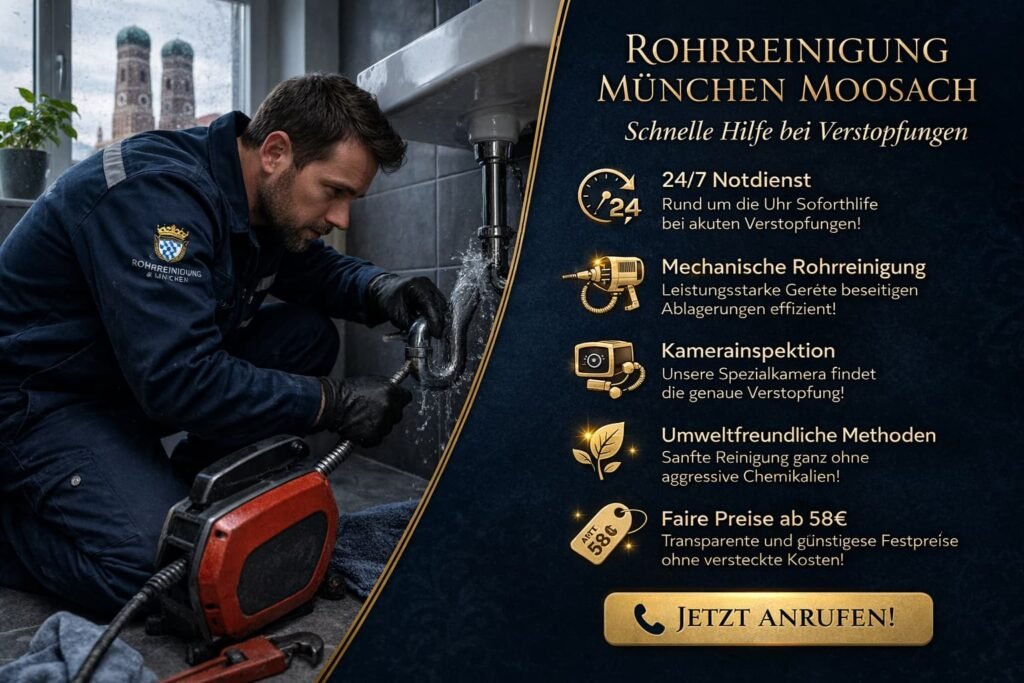 Bild eines Klempners bei der Rohrreinigung in München mit Symbolen für schnelle und professionelle Serviceleistungen