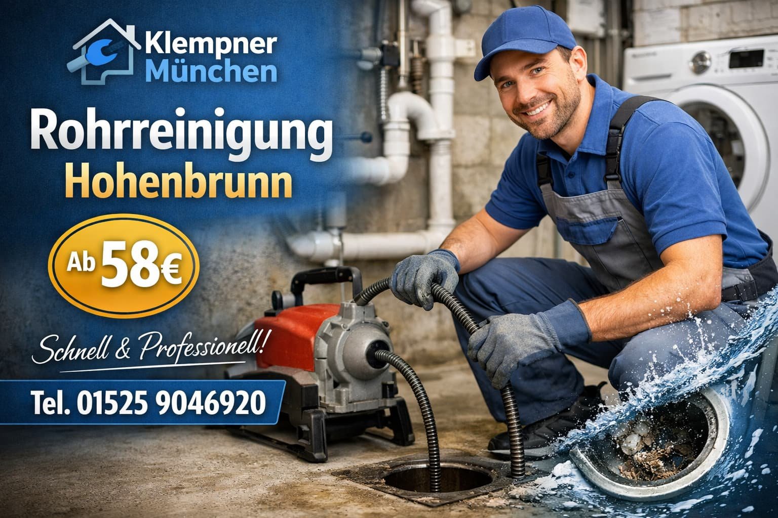 Rohrreinigung Hohenbrunn durch professionellen Klempner München – schneller Service ab 58€