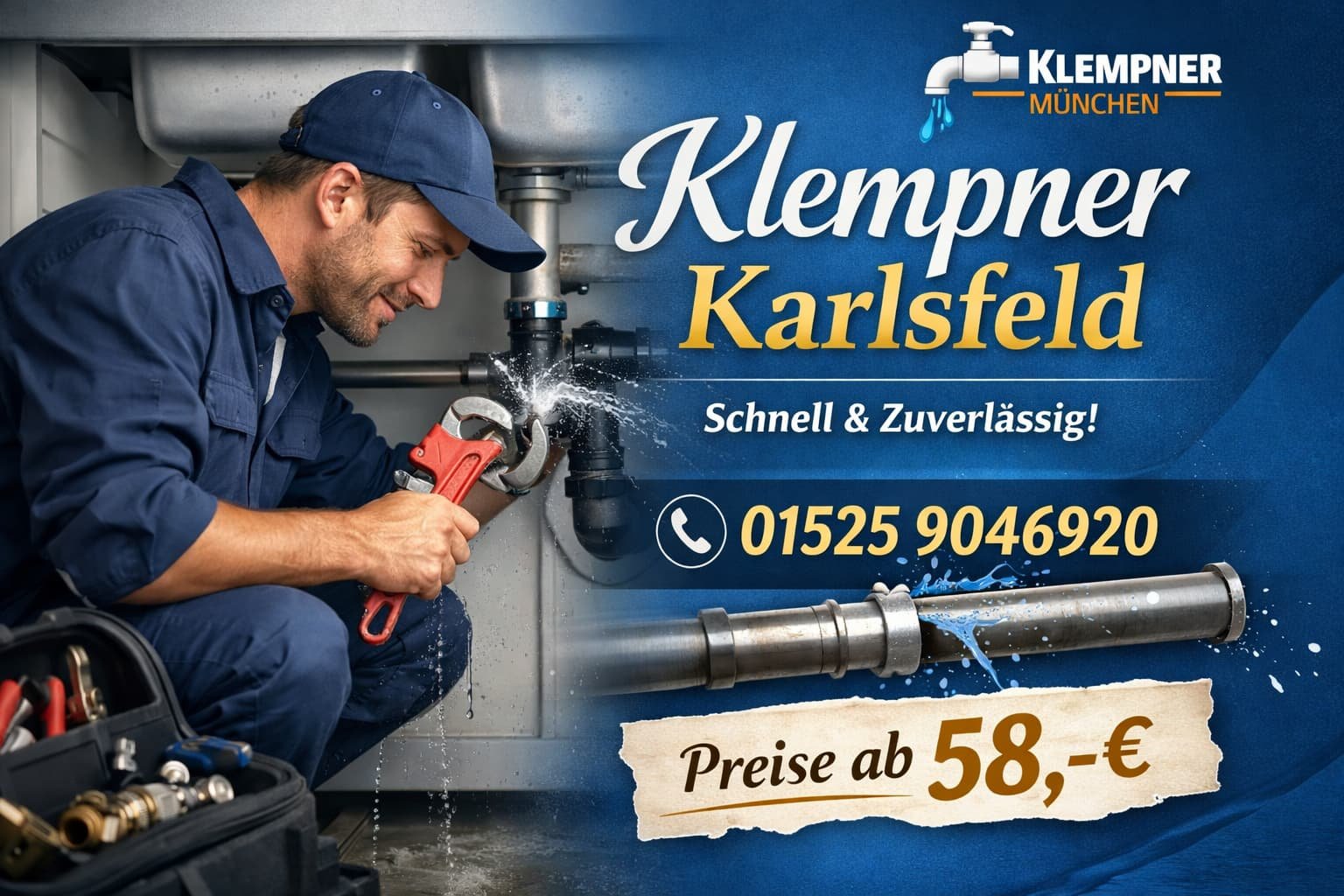 Klempner Karlsfeld – Schneller Sanitär Notdienst München ab 58 €