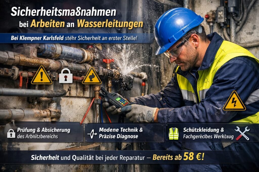 Klempner repariert Wasserleitung mit Sicherheitsausrüstung.