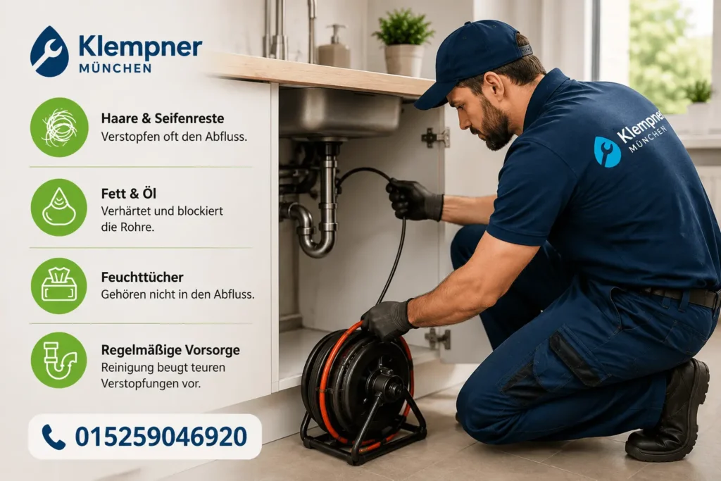 Klempner bei der Rohrreinigung unter der Spüle mit Tipps zur Vorbeugung.