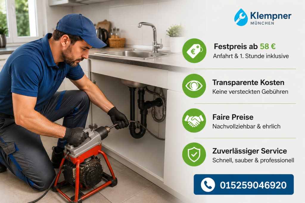 Klempner bei der professionellen Rohrreinigung mit transparenten Festpreisen.