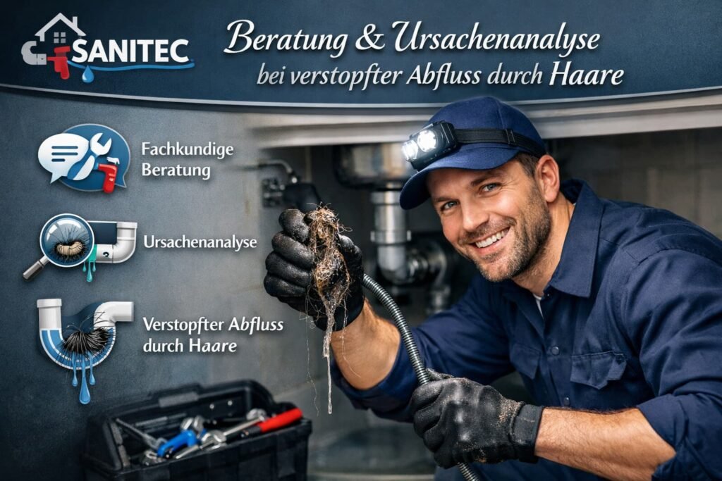 Fachkundiger Klempner bei der Ursachenanalyse eines durch Haare verstopften Abflusses