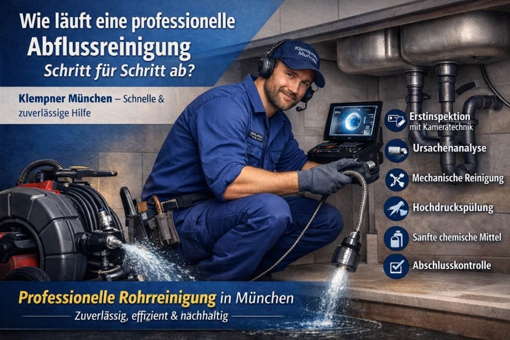 Professioneller Klempner bei der Abflussreinigung in München mit moderner Kameratechnik