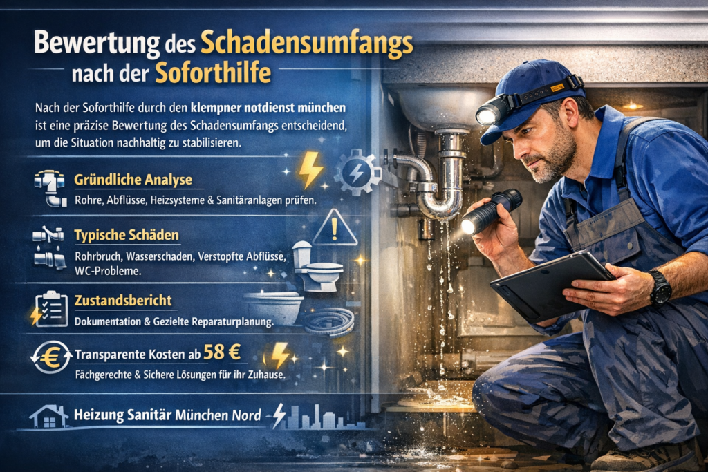 Professioneller Klempner bewertet Wasserschäden und Abflussprobleme in München.