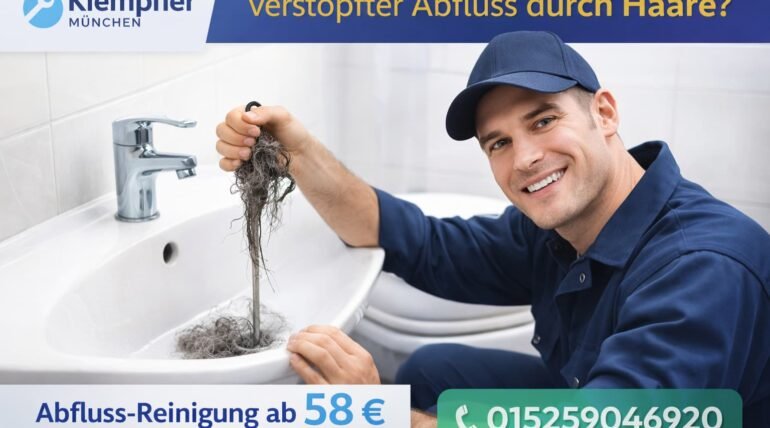 Klempner München behebt verstopften Abfluss durch Haare – professionelle Rohrreinigung ab 58 €