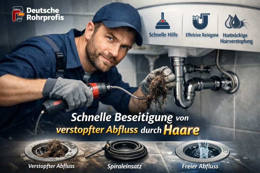 Schnelle Rohrreinigung: Klempner beseitigt Haarverstopfung im Abfluss professionell