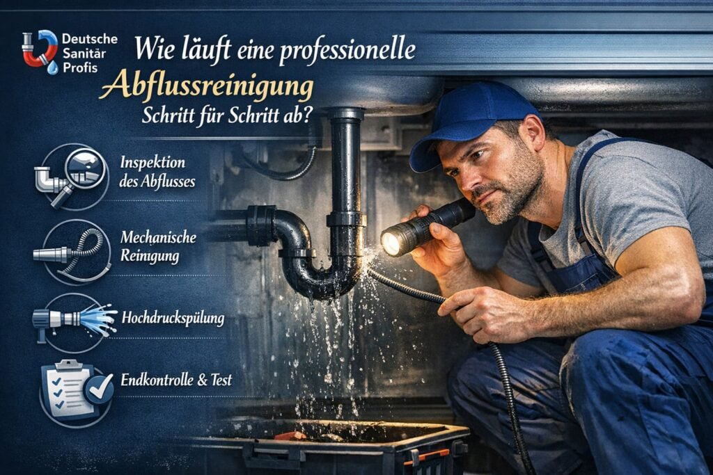 Professioneller Klempner bei der Abflussreinigung unter der Spüle mit modernen Werkzeugen und Schritt-für-Schritt-Darstellung
