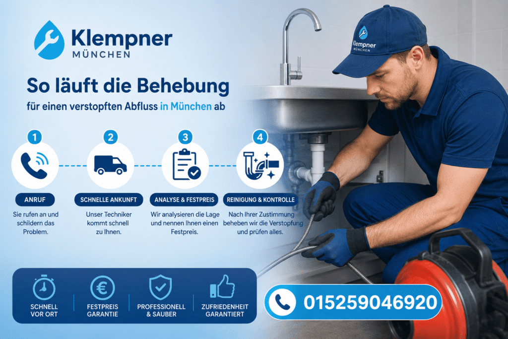 Professioneller Klempner bei der Rohrreinigung unter einer Küchenspüle in München