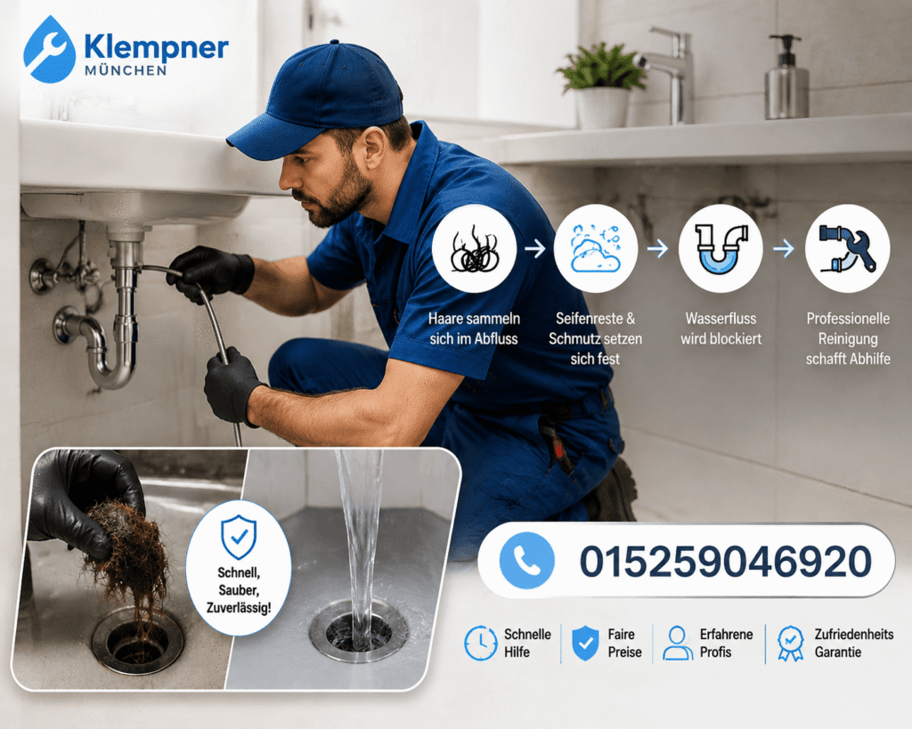 Fachmann bei der professionellen Reinigung eines Abflusses im Badezimmer