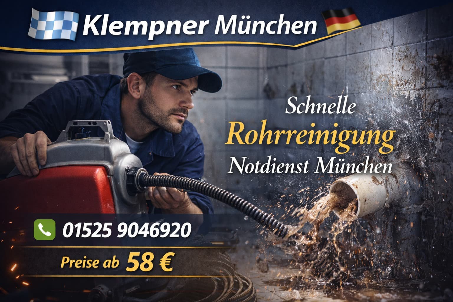Rohrreinigung München Notdienst – Klempner beseitigt Rohrverstopfung ab 58€