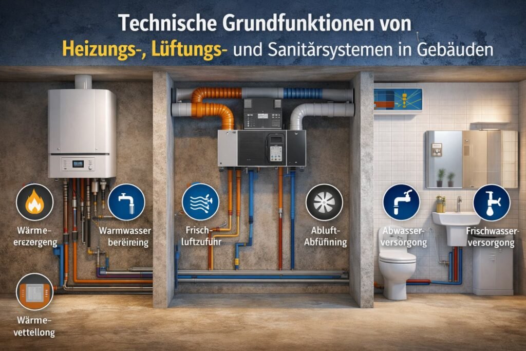 Technische Grundfunktionen von Heizungs Lüftungs und Sanitärsystemen in Gebäuden
