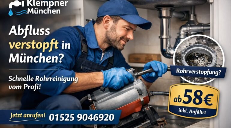 Klempner München behebt verstopften Abfluss – professionelle Rohrreinigung ab 58€ in München