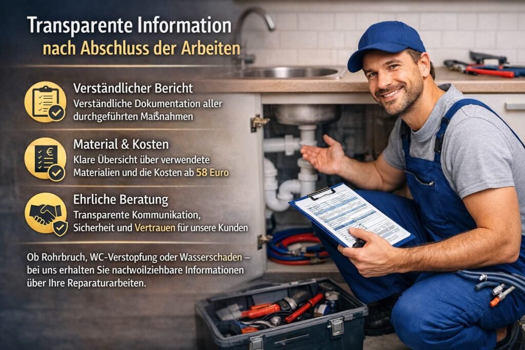 Plumber repairing sink in Munich with transparent service report and pricing information