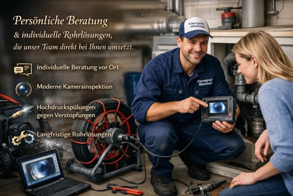 Rohrreinigung München Techniker bei der Rohrinspektion mit moderner Kamera und individueller Beratung vor Ort