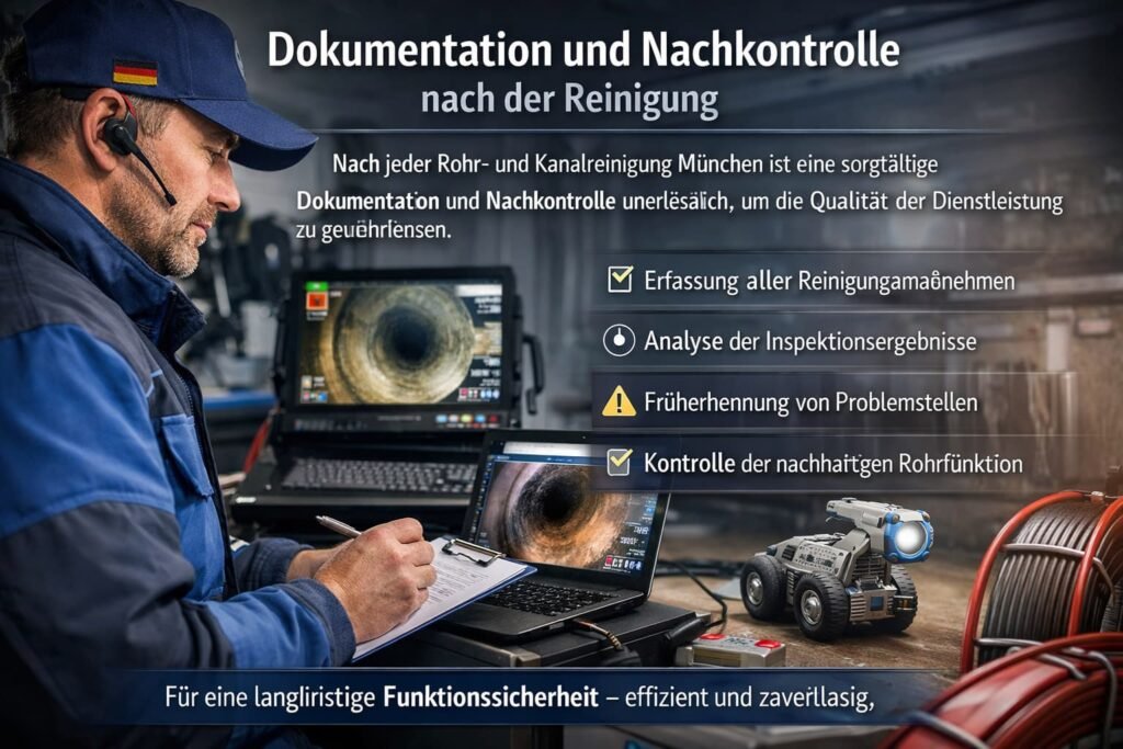 Techniker bei der Rohrreinigung dokumentiert Inspektionsergebnisse und führt Nachkontrolle für nachhaltige Rohrfunktion durch