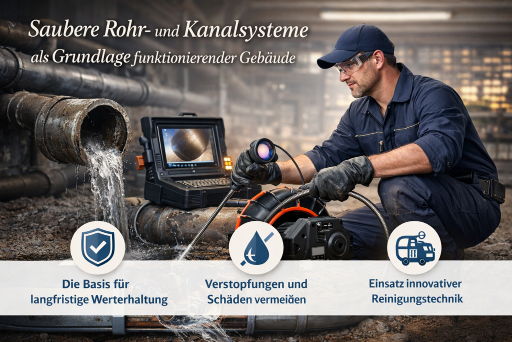 Deutscher Klempner bei der professionellen Rohrreinigung mit moderner Technik und sauberen Kanalsystemen