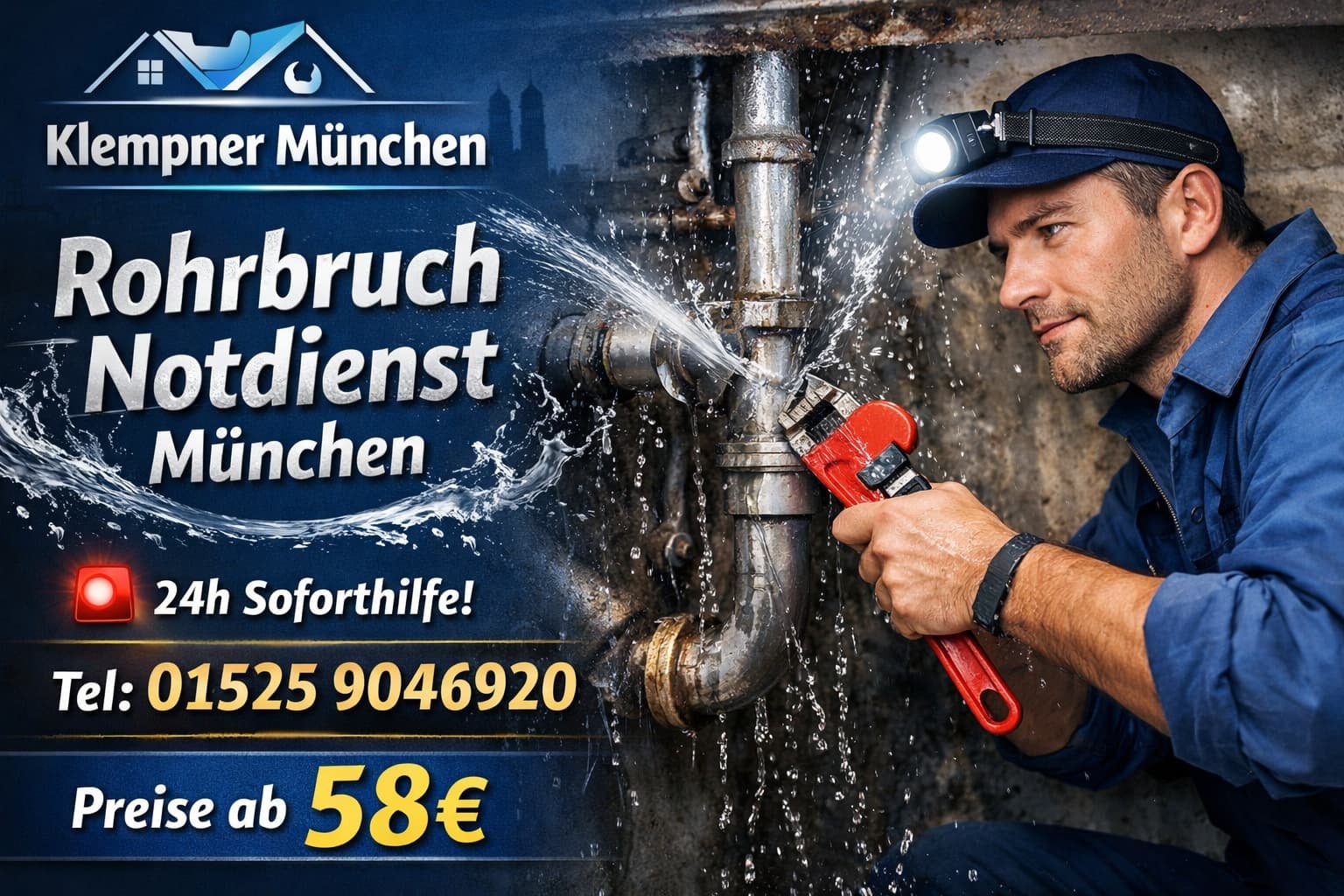 Rohrbruch Notdienst München – professioneller Klempner repariert Rohrbruch schnell, 24h Service ab 58€