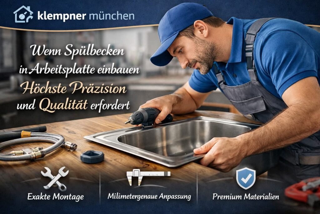 Installateur montiert Spülbecken präzise in Arbeitsplatte – professionelle Sanitärinstallation mit höchster Qualität