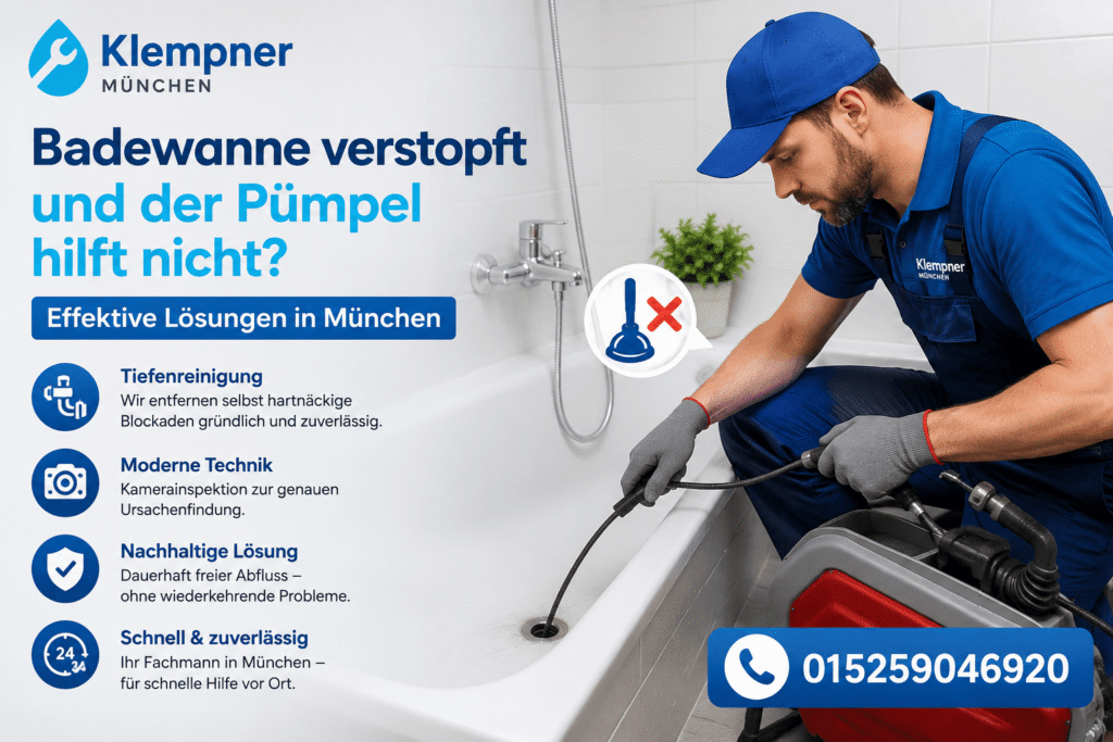 Installateur beseitigt eine hartnäckige Abflussblockade in einer Badewanne mit professioneller Reinigungstechnik.