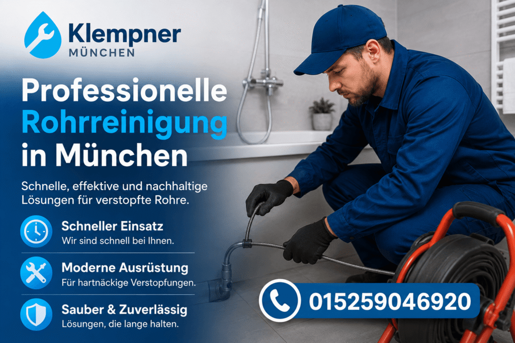 Professioneller Klempner bei der Reinigung eines Badezimmerabflusses mit Spezialgerät in München