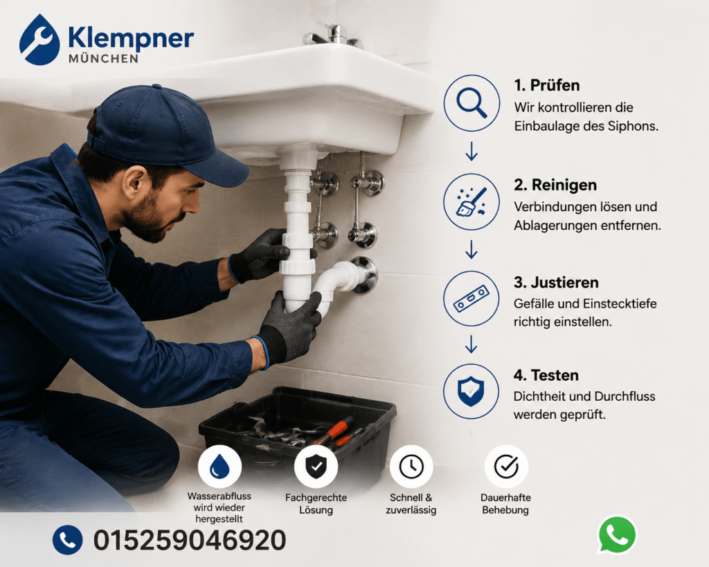 Fachmann repariert Abflussrohr unter einem Waschbecken mit Werkzeug.