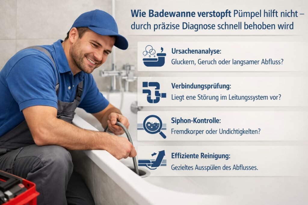 Klempner repariert verstopfte Badewanne und führt professionelle Abflussdiagnose durch.
