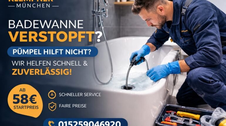 Klempner München löst verstopfte Badewanne – professionelle Rohrreinigung ab 58€