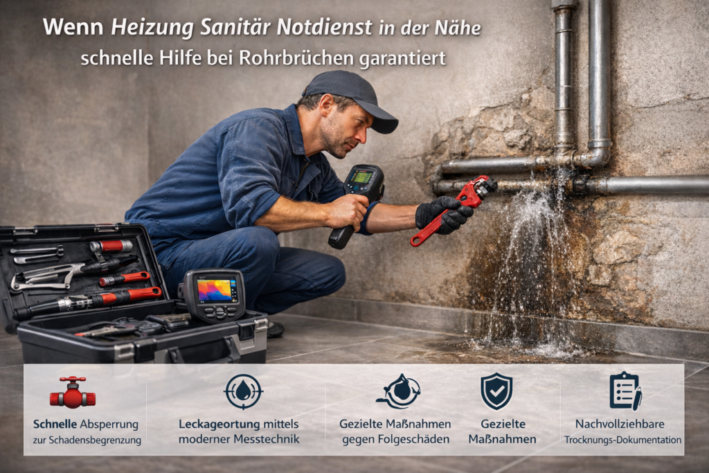 Heizung Notdienst Sanitär  Techniker repariert Rohrbruch – schnelle Hilfe bei Wasserschaden