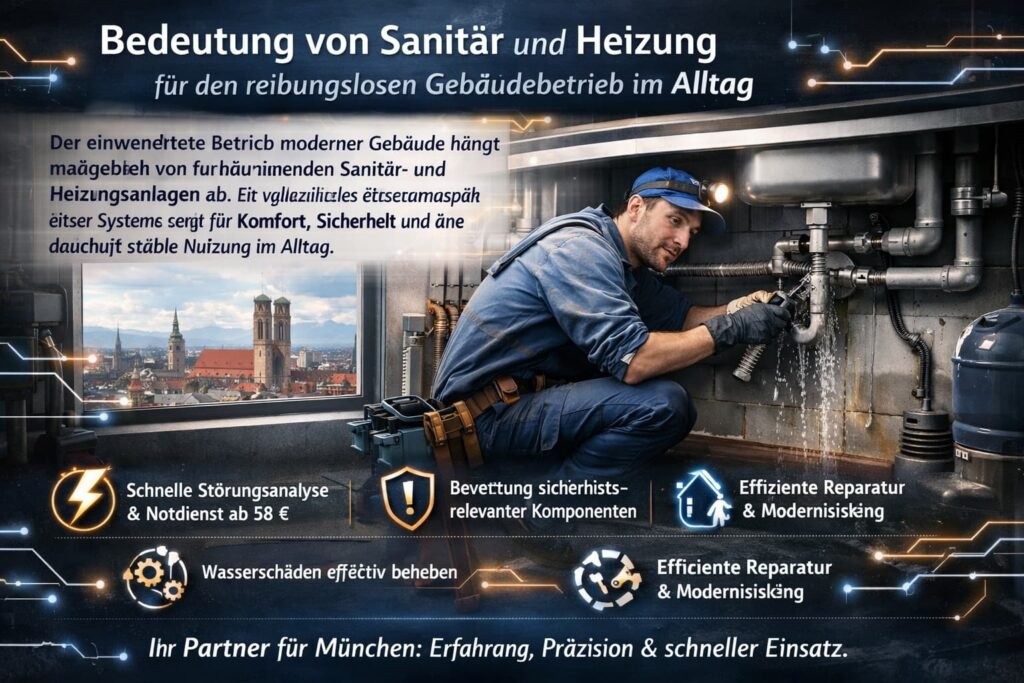Sanitär- und Heizungsmonteur repariert Rohrleitungssystem in München – professioneller Sanitär Heizung Service