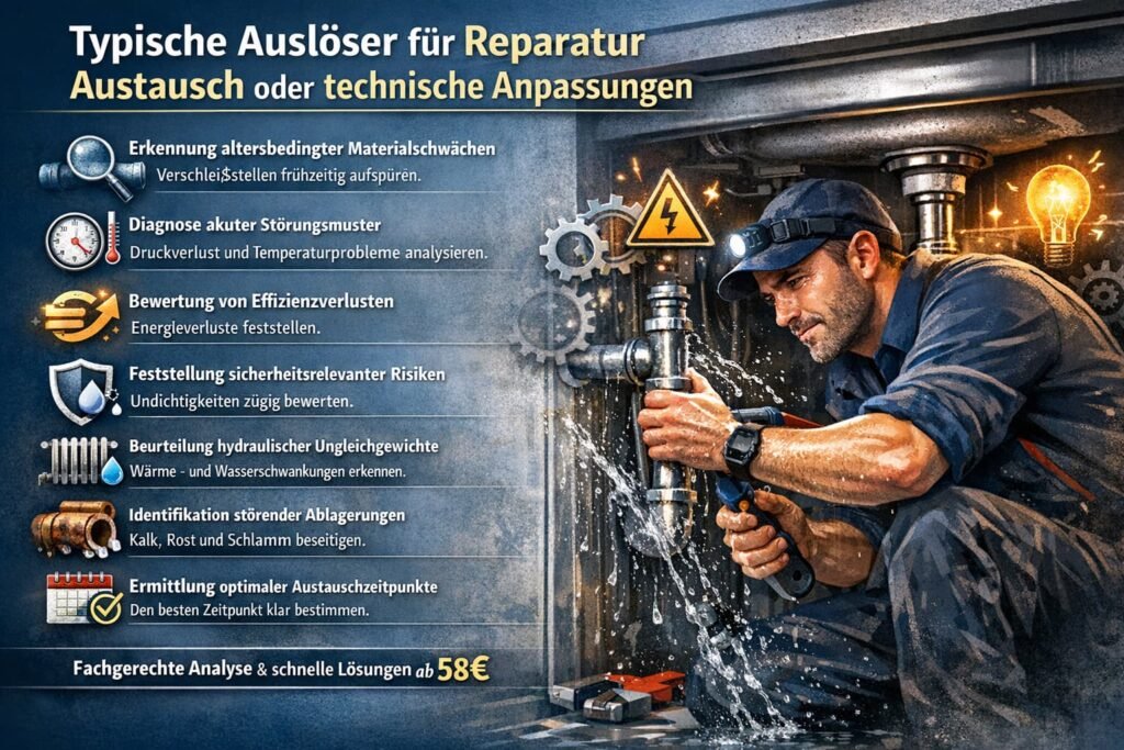 Sanitärtechniker repariert Rohrleitung – Ursachen für Reparatur und Austausch von Sanitär- und Heizungsanlagen
