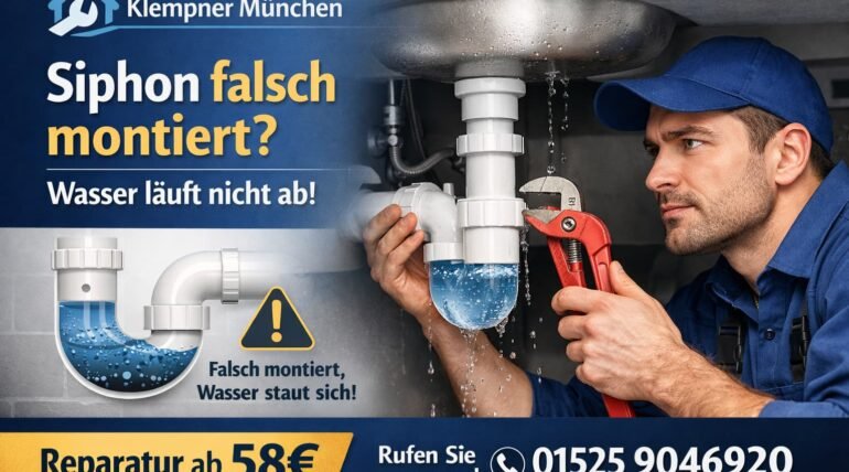 Klempner München repariert falsch montierten Siphon unter der Spüle – Wasser läuft nicht ab, Reparatur ab 58€