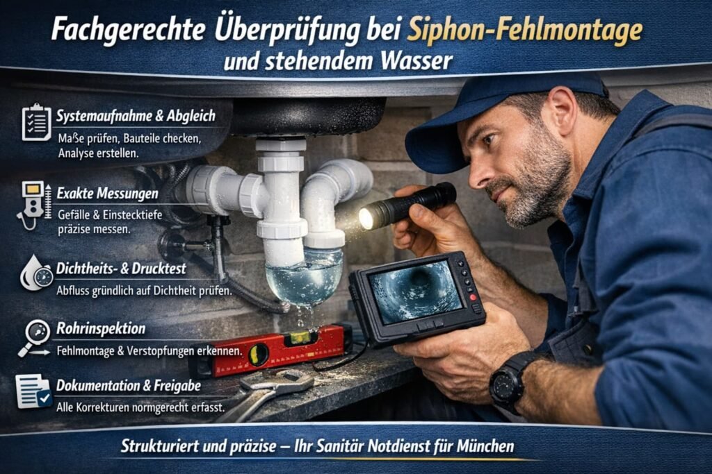 Sanitär-Notdienst München prüft Siphon-Fehlmontage und Abfluss mit stehendem Wasser.