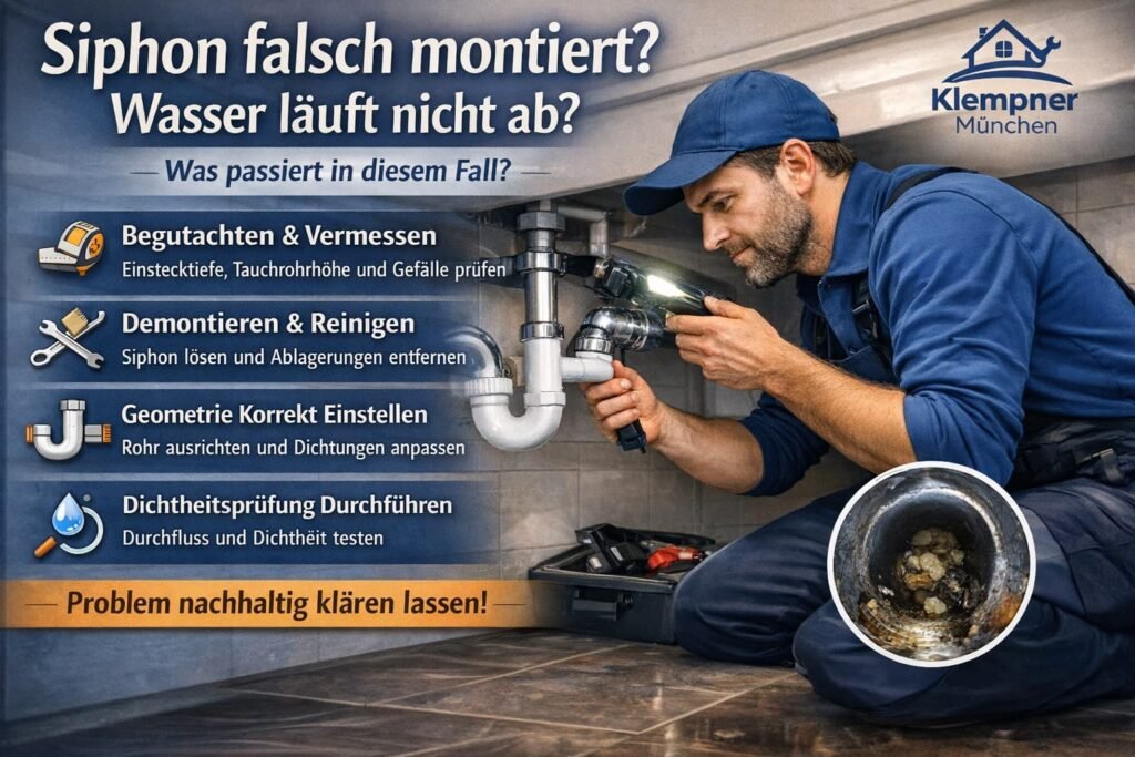 Klempner München repariert falsch montierten Siphon unter Waschbecken – Wasser läuft nicht ab