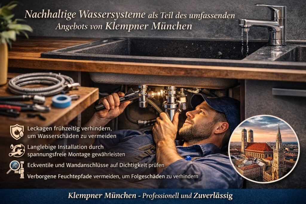 Klempner in München repariert Küchenarmatur unter einer Granitspüle – nachhaltige Wassersysteme und professionelle Sanitärinstallation.